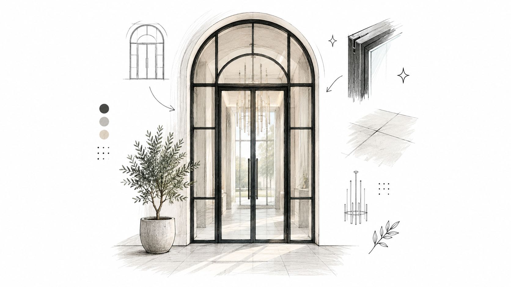 Architectural sketch of an elegant arched glass double door design with minimalist interior decor and lighting.