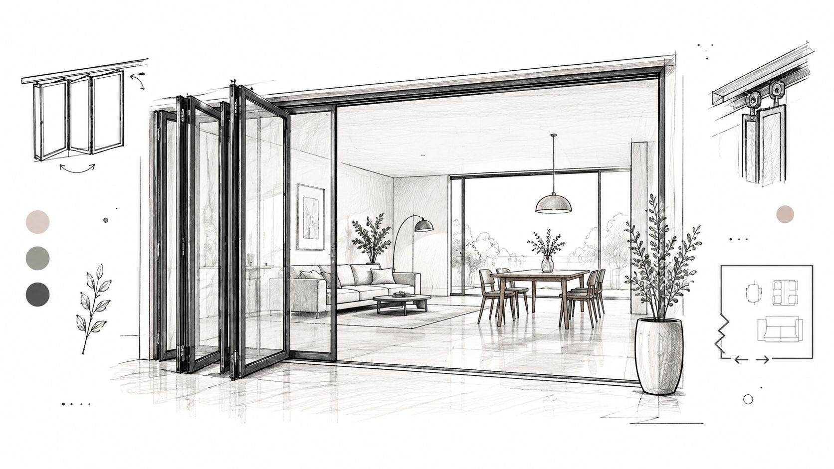 A detailed architectural sketch of folding glass doors connecting a modern interior living space to outdoors.