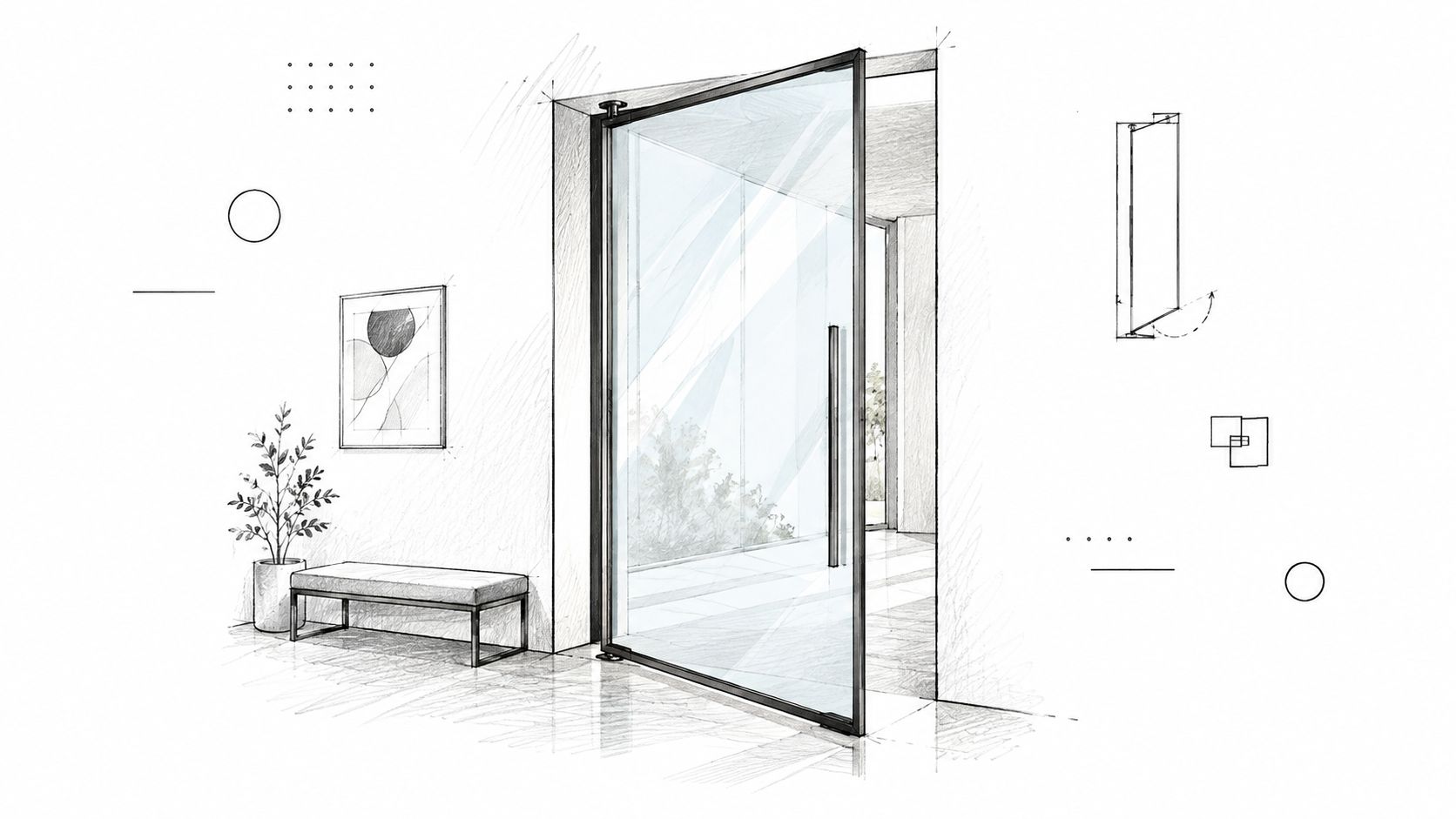 A minimalist architectural sketch showing a modern pivot glass door inside a bright interior space.