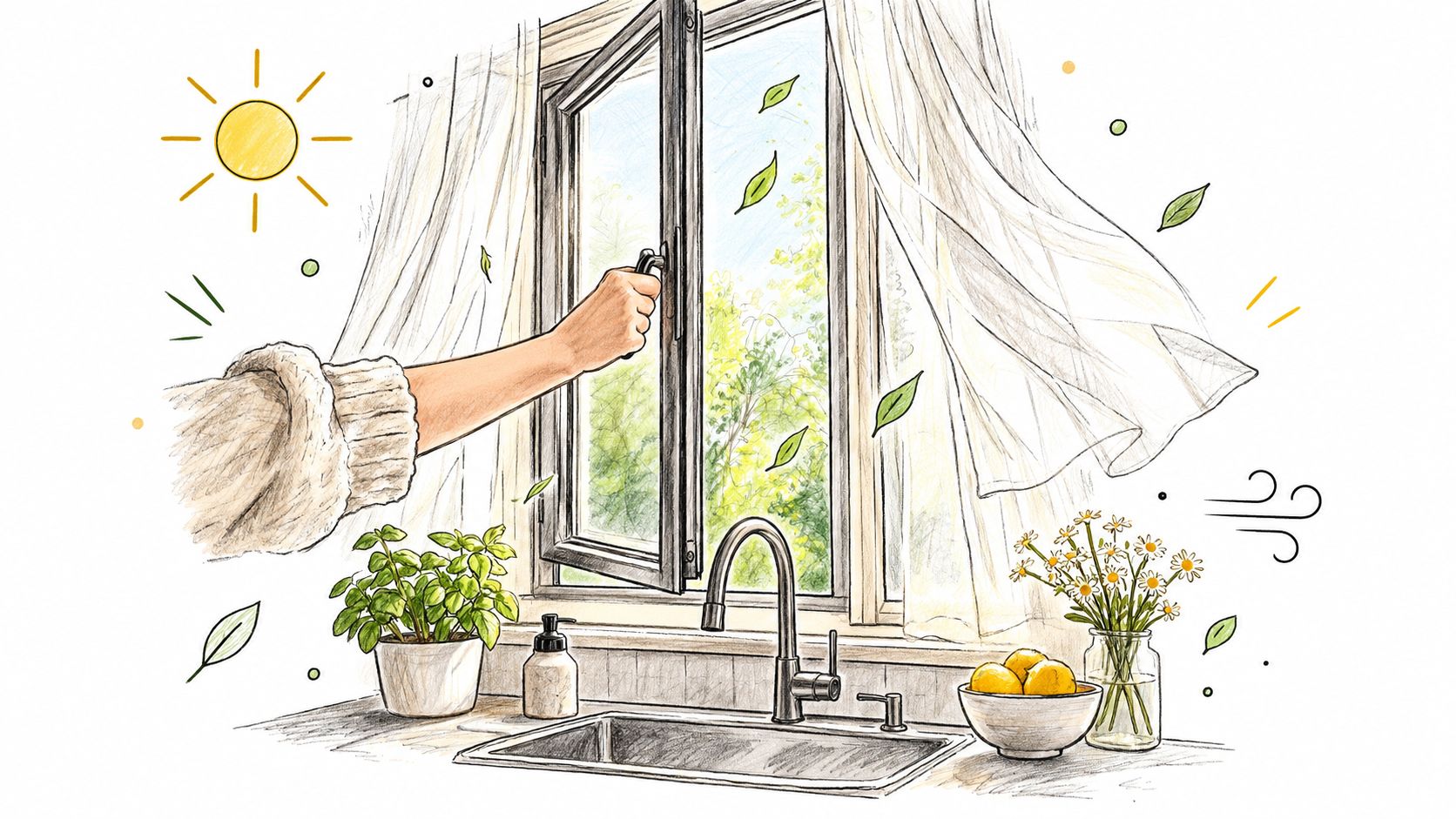 A hand opens a kitchen casement window with natural sunlight streaming in past curtains and house plants.