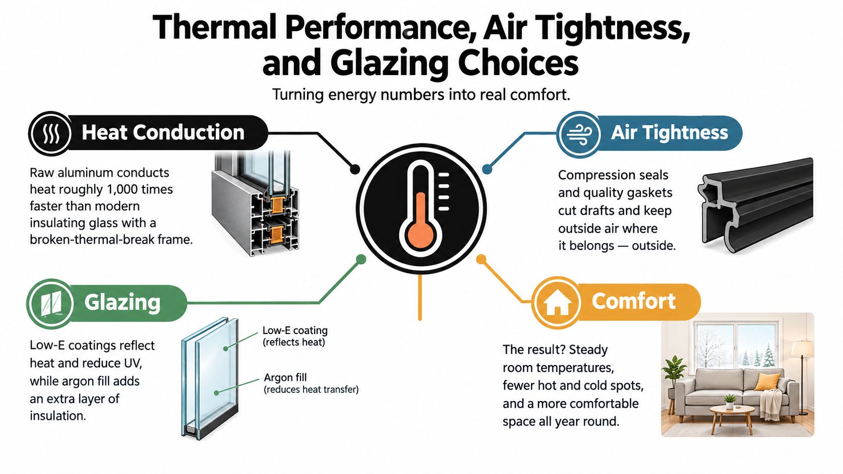 An infographic detailing the benefits of energy-efficient window components including heat conduction, air tightness, and glazing.