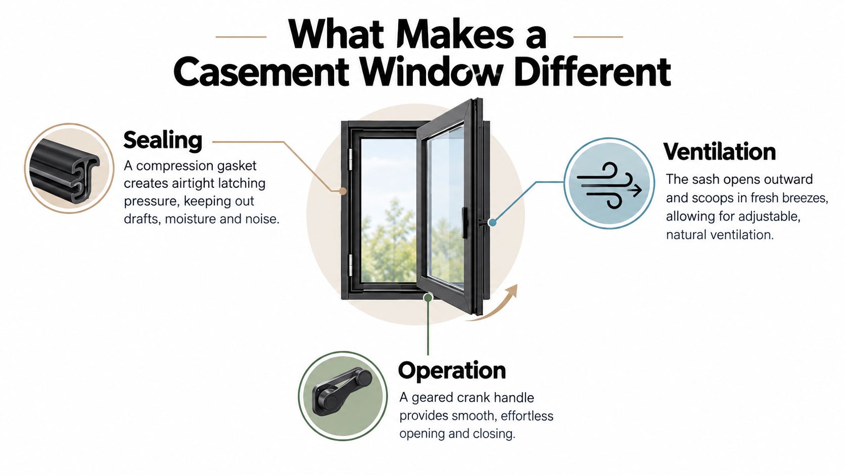 An infographic detailing the key features of a casement window, highlighting its sealing, ventilation, and operation.