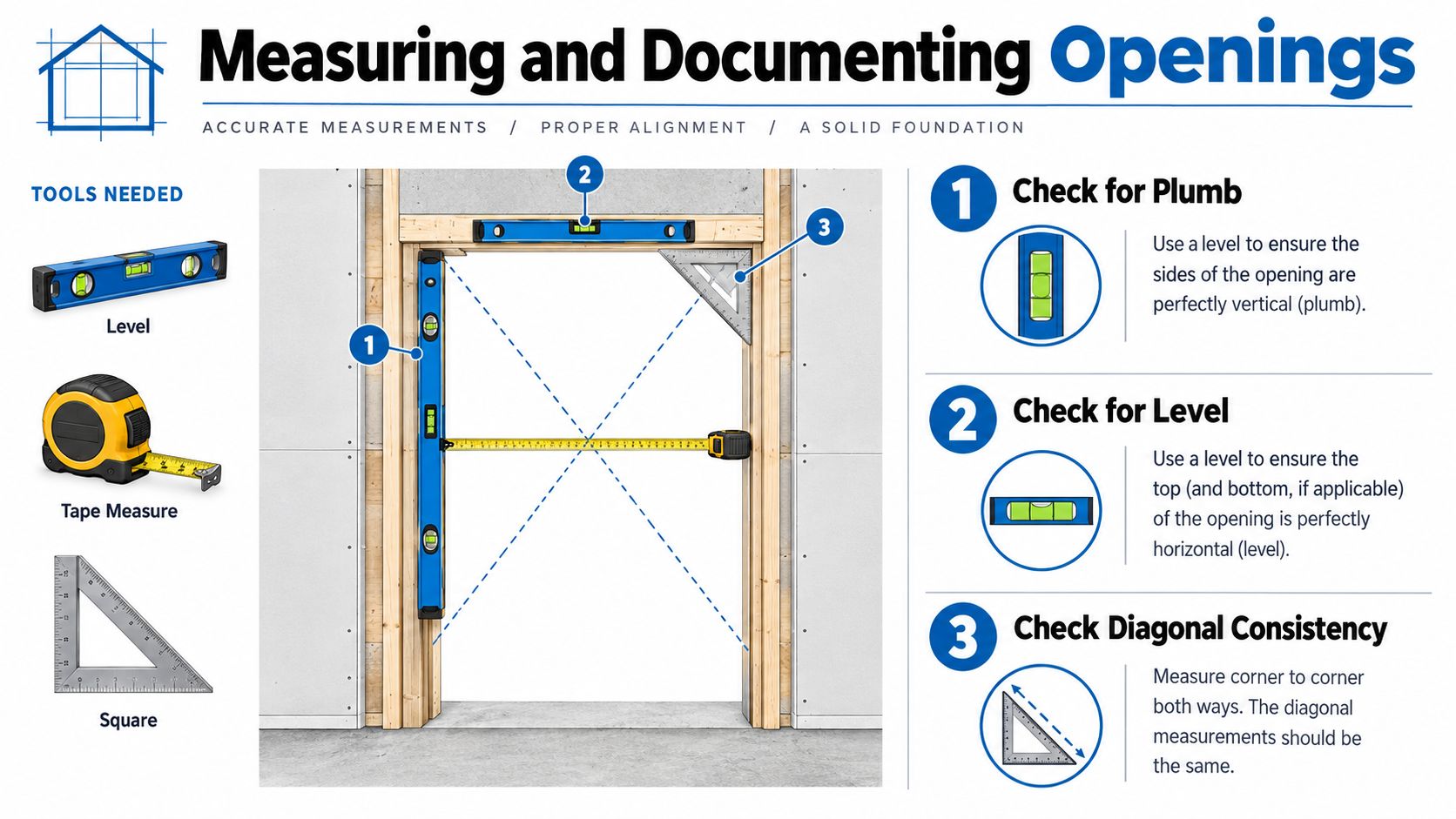 A construction guide showing tools and steps for measuring and aligning a door frame for installation.