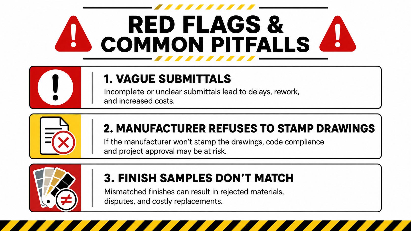 An infographic titled Red Flags & Common Pitfalls, listing three construction submittal and material approval issues.