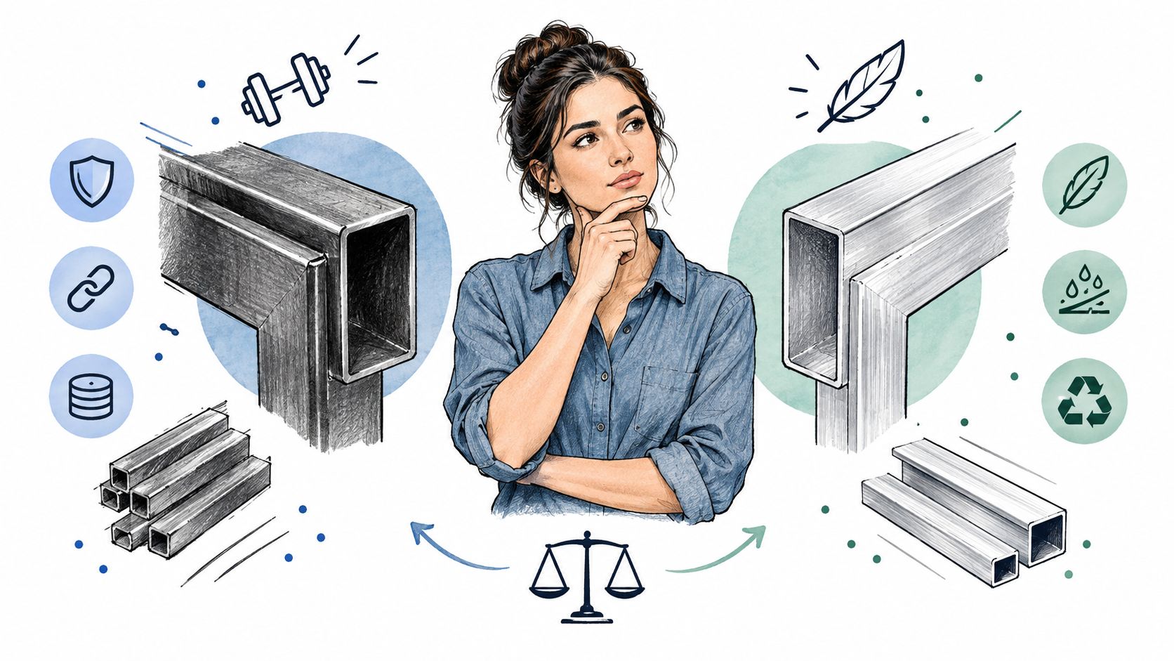 A woman contemplating a choice between heavy-duty steel and lightweight aluminum material profiles for construction.