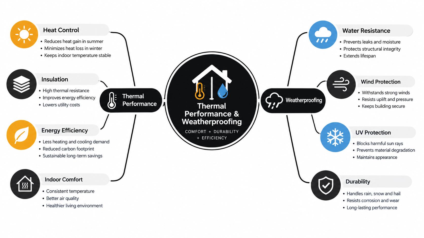A diagram illustrating the benefits of building thermal performance and weatherproofing for energy efficiency and structural durability.