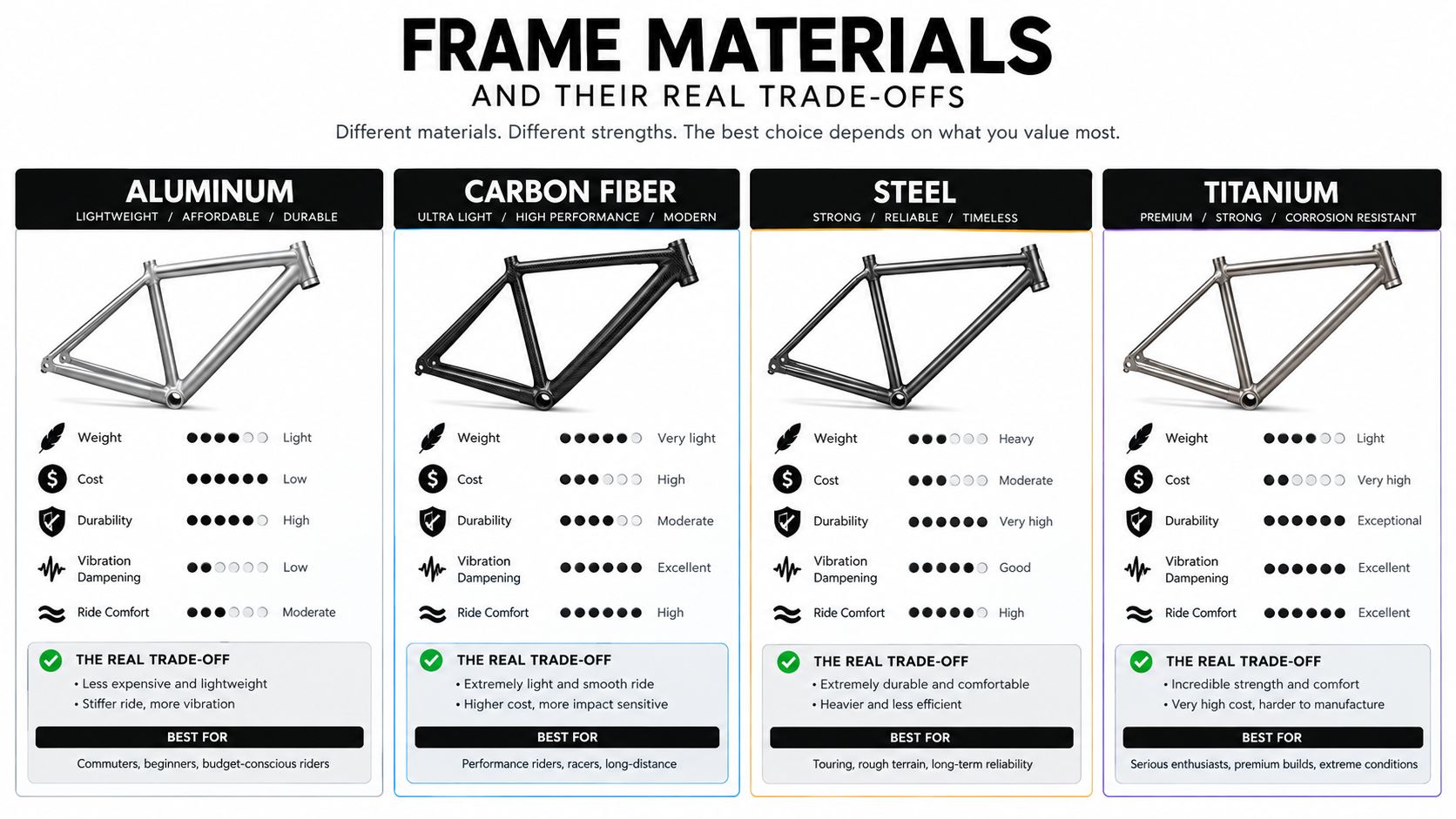 A comparison chart outlining the weight, cost, durability, and ride qualities of four bicycle frame materials.