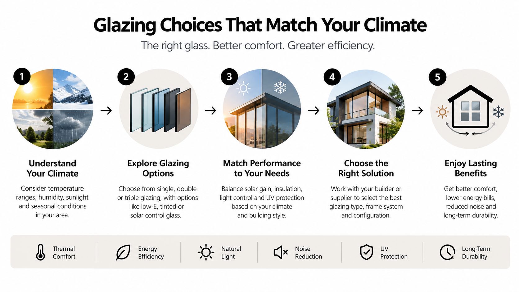 A five-step infographic illustrating how to choose the right glass glazing solutions based on local climate conditions.
