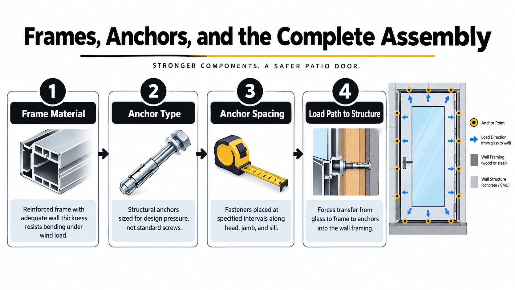 A diagram illustrating the four critical components of a secure hurricane proof patio door assembly installation.