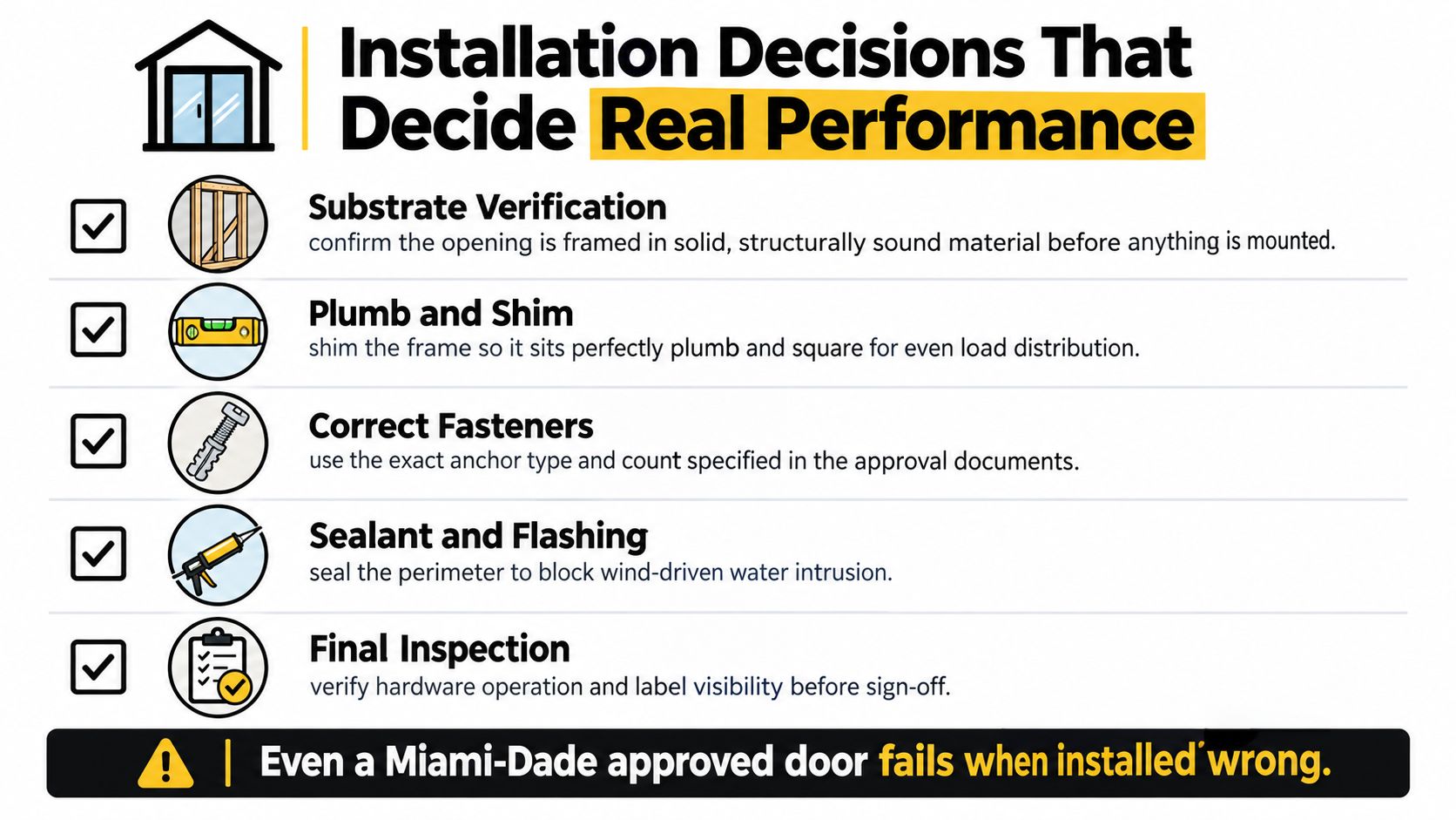 An infographic detailing five essential steps for properly installing hurricane-proof patio doors to ensure structural performance.
