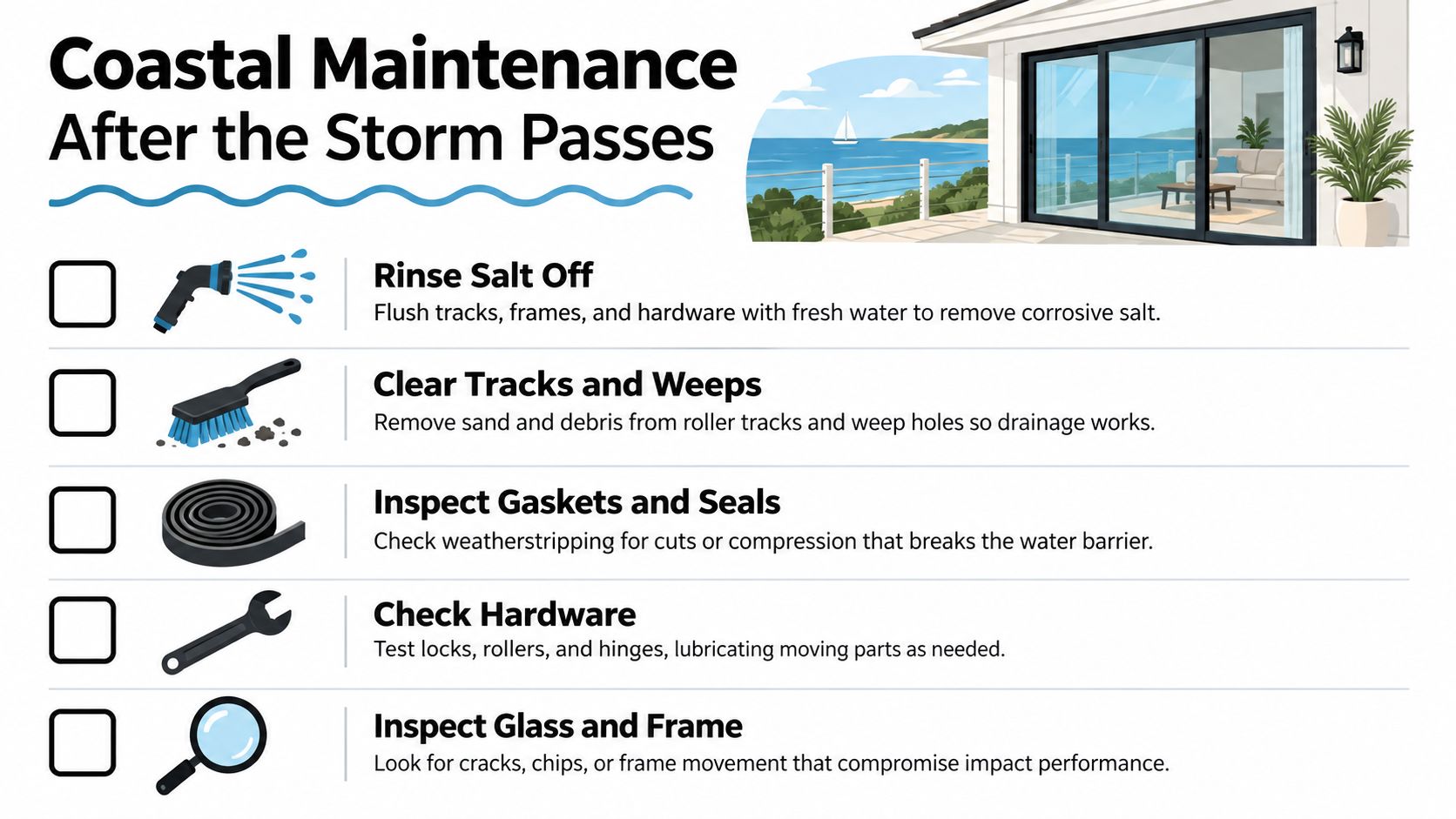 A checklist for coastal maintenance of patio doors after a storm, including rinsing, cleaning, and inspecting hardware.