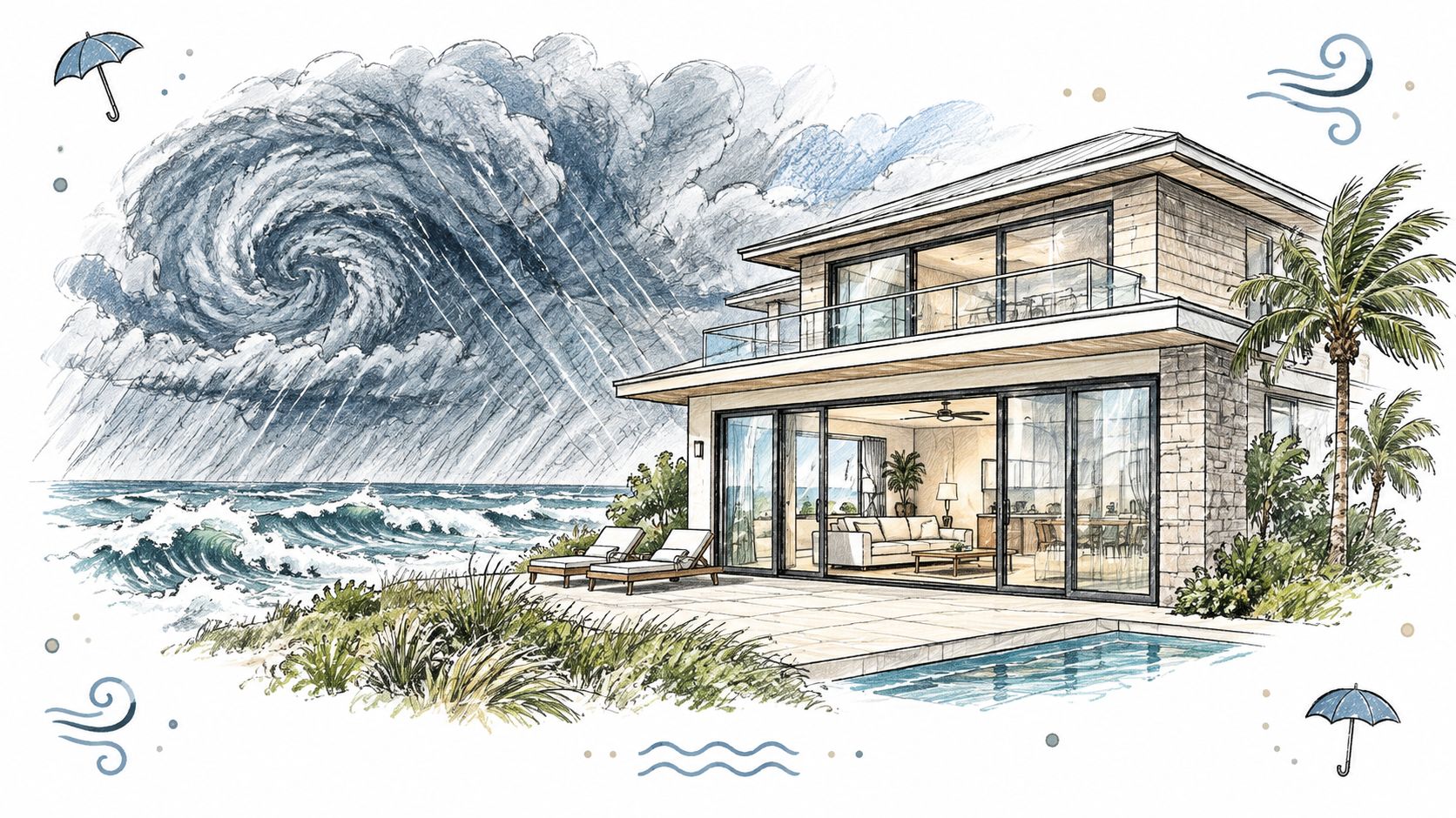 A modern beachfront home with impact resistant sliding glass doors facing a stormy ocean and hurricane.