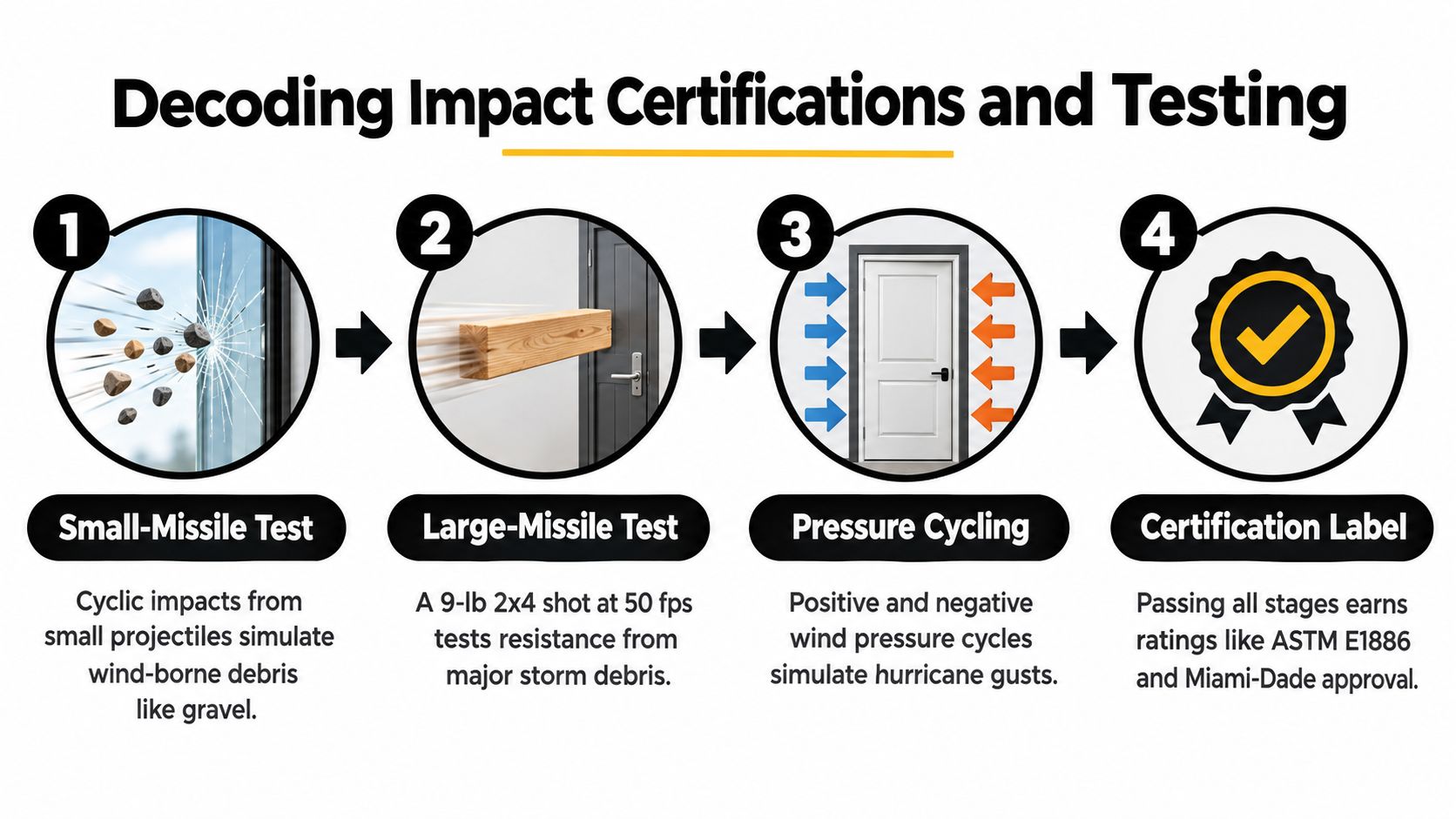 A four-step diagram showing the testing process for impact-resistant doors and windows, including missile tests and pressure.