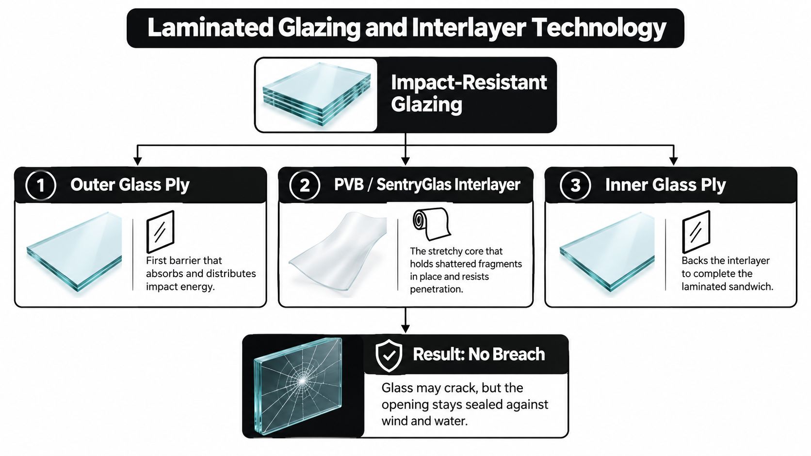 A diagram illustrating the components of laminated impact-resistant glass, showing the outer glass, interlayer, and inner glass.