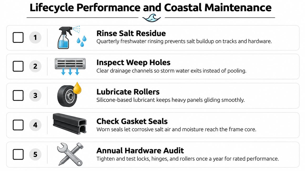 A maintenance checklist for coastal sliding glass doors featuring five steps for cleaning, inspecting, and lubricating hardware.