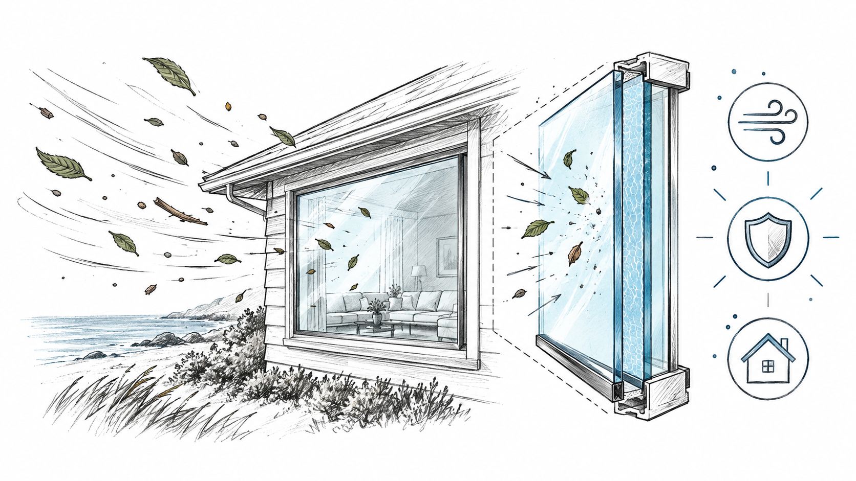 A detailed illustration showing impact resistant window glass protecting a house during a coastal wind storm.