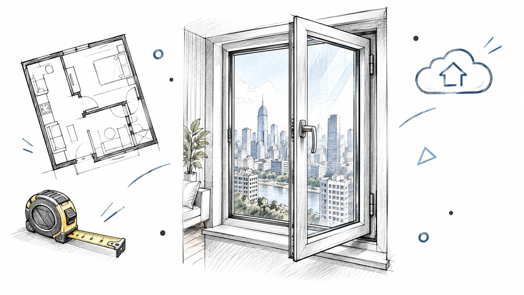 An architectural sketch showing a floor plan, a tape measure, and an open inswing casement window.