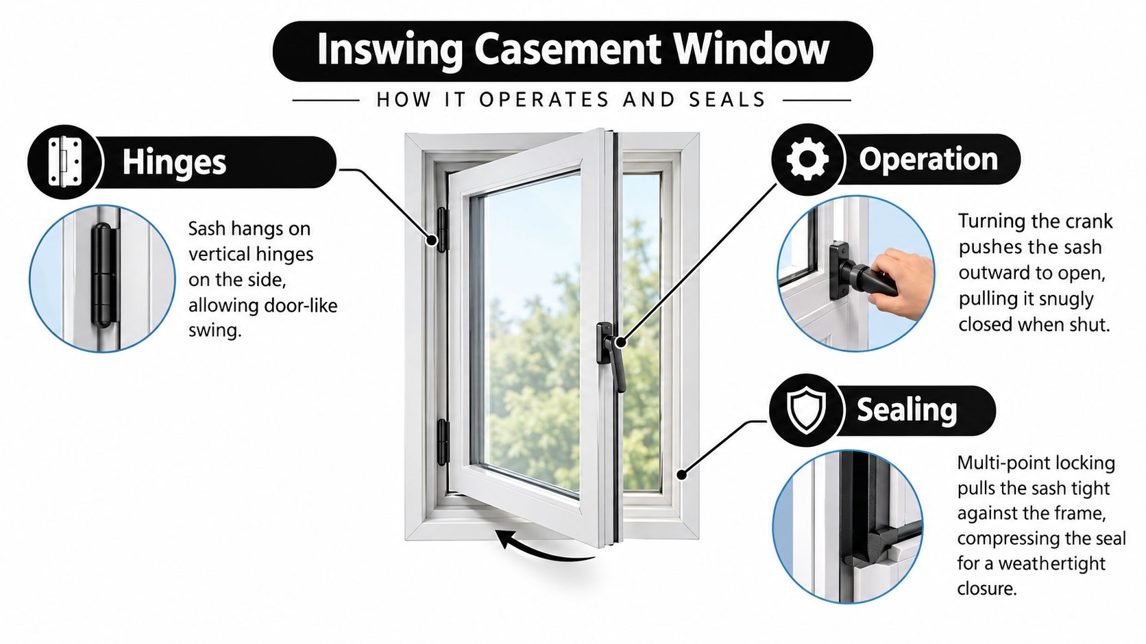 A diagram illustrating the operation and sealing mechanism of an inswing casement window with detailed labels.
