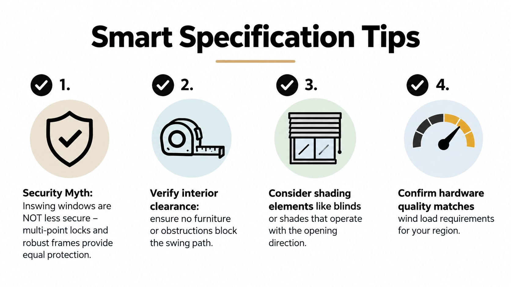 A list of four smart specification tips for choosing windows, focusing on security, interior clearance, and hardware.