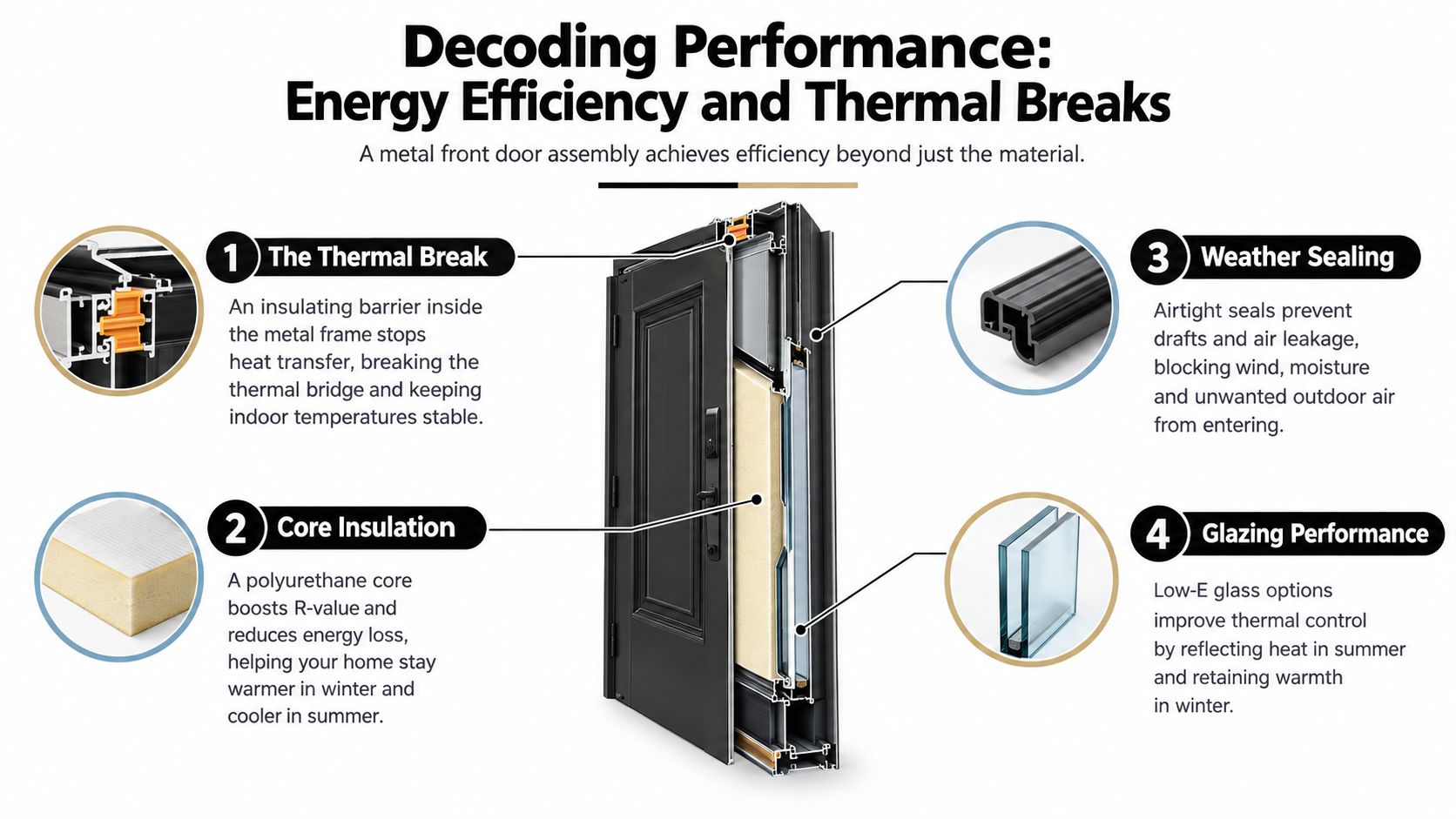 An infographic showing the four key components that contribute to the energy efficiency of a metal front door.