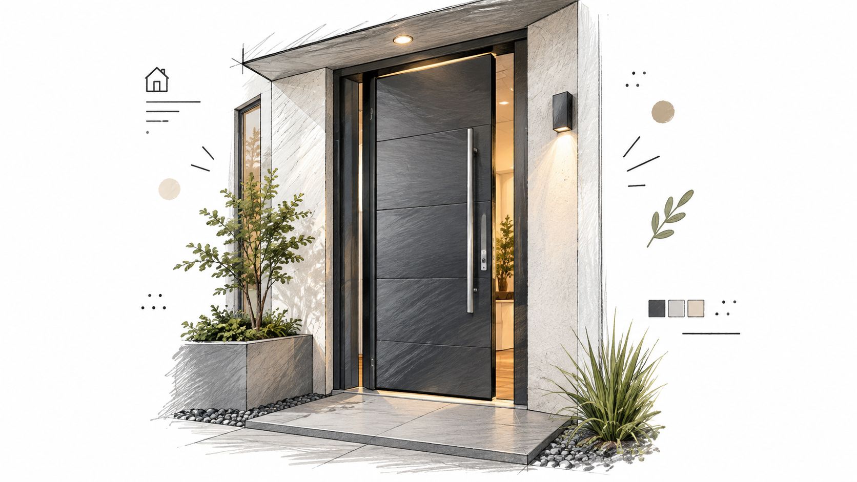 A modern dark grey metal front door with a long silver handle in a stylish entryway design.