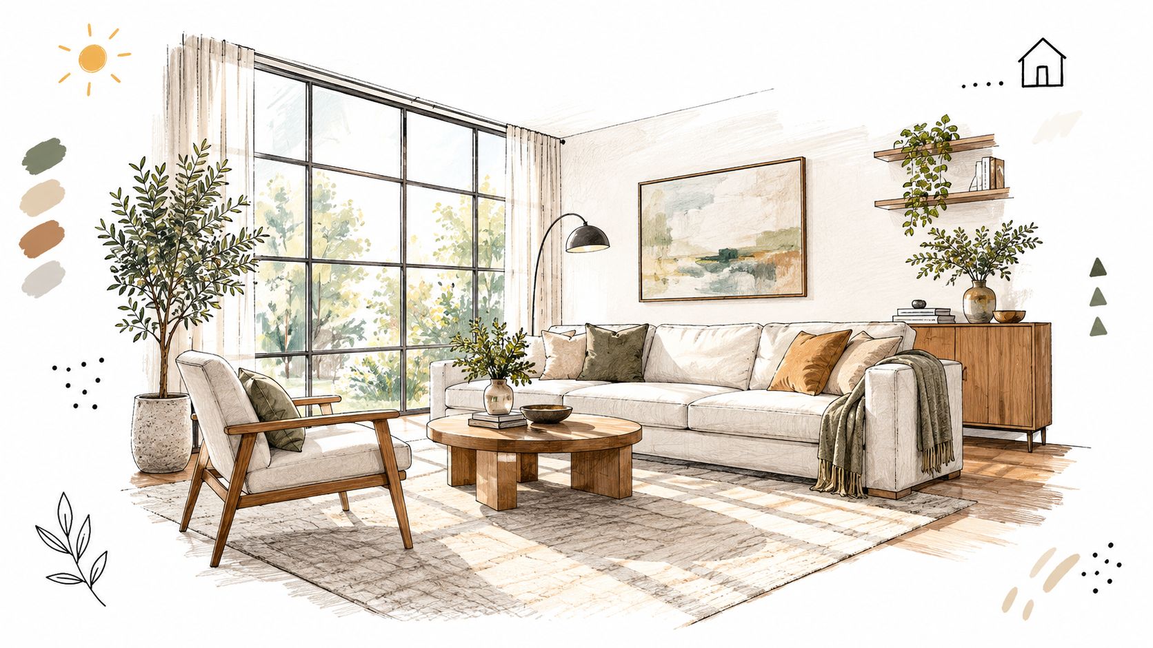 A hand-drawn sketch of a bright, modern living room featuring residential steel windows, sofa, and greenery.