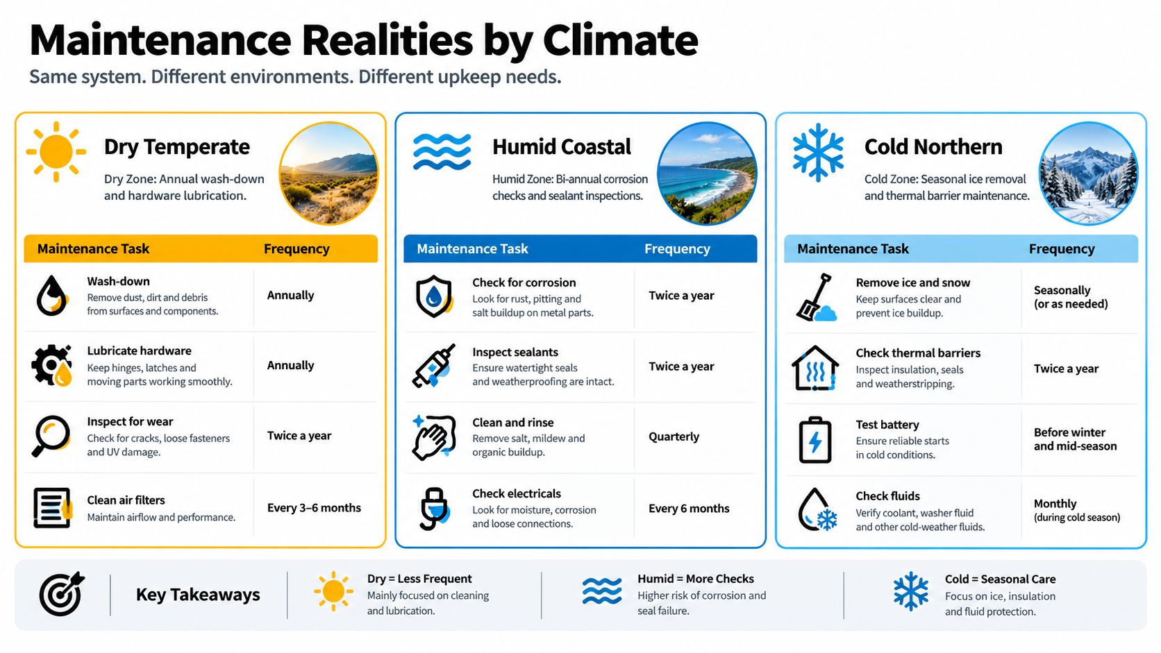 A chart illustrating specific maintenance tasks and schedules for residential steel windows based on different climate zones.