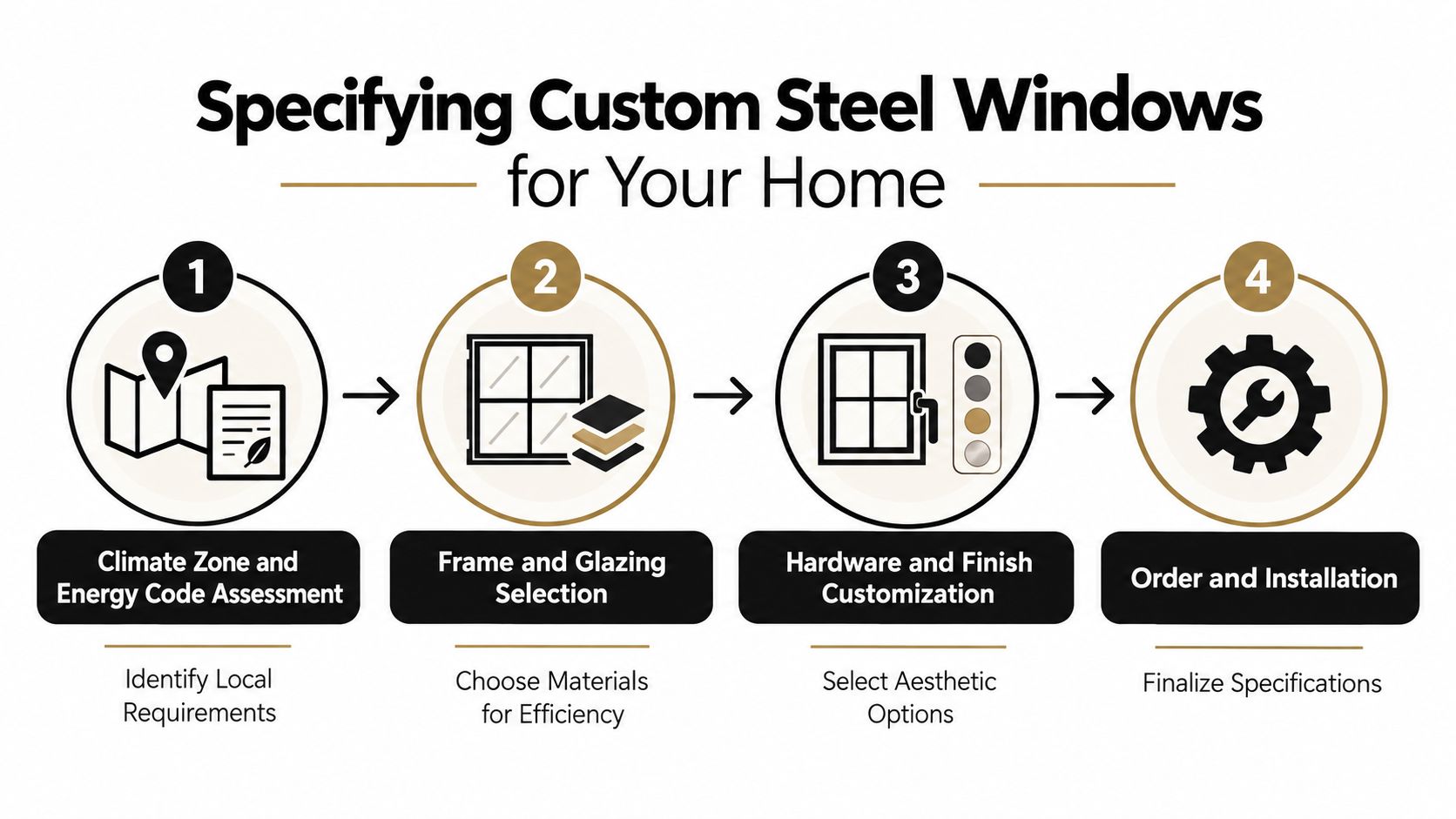 A four-step infographic illustrating the process of specifying custom steel windows for residential home projects.