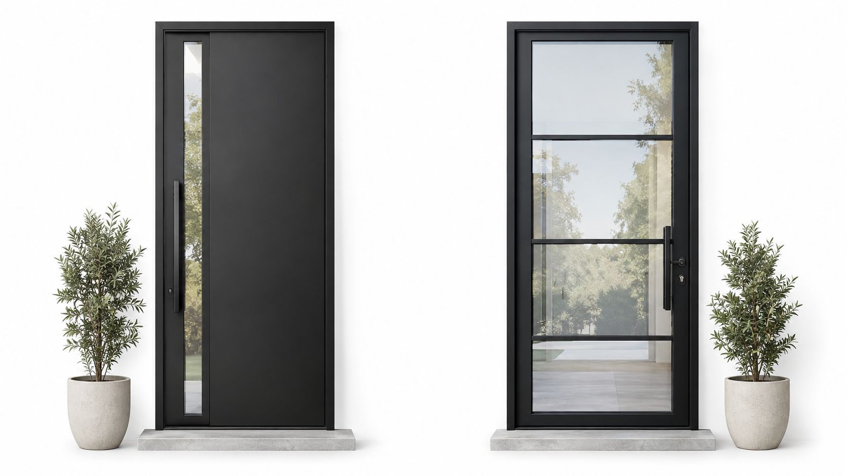 Two modern black entry doors featuring glass elements, each flanked by a decorative potted olive tree.