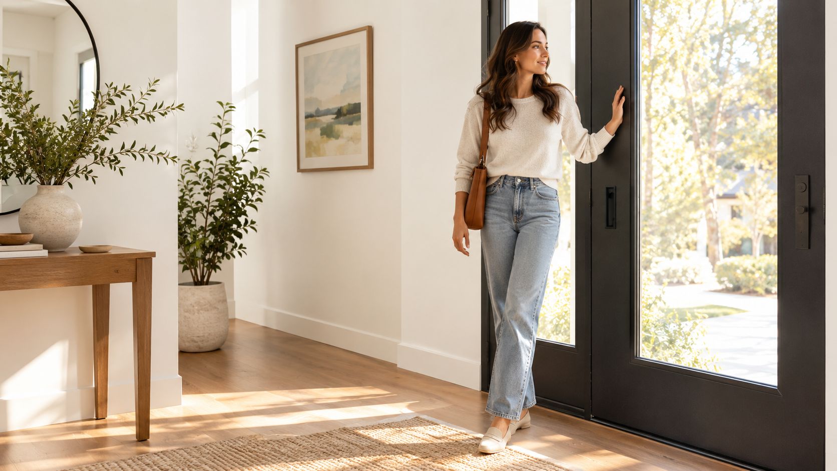 A smiling woman stands in a bright foyer by a large black entry door with glass panels.