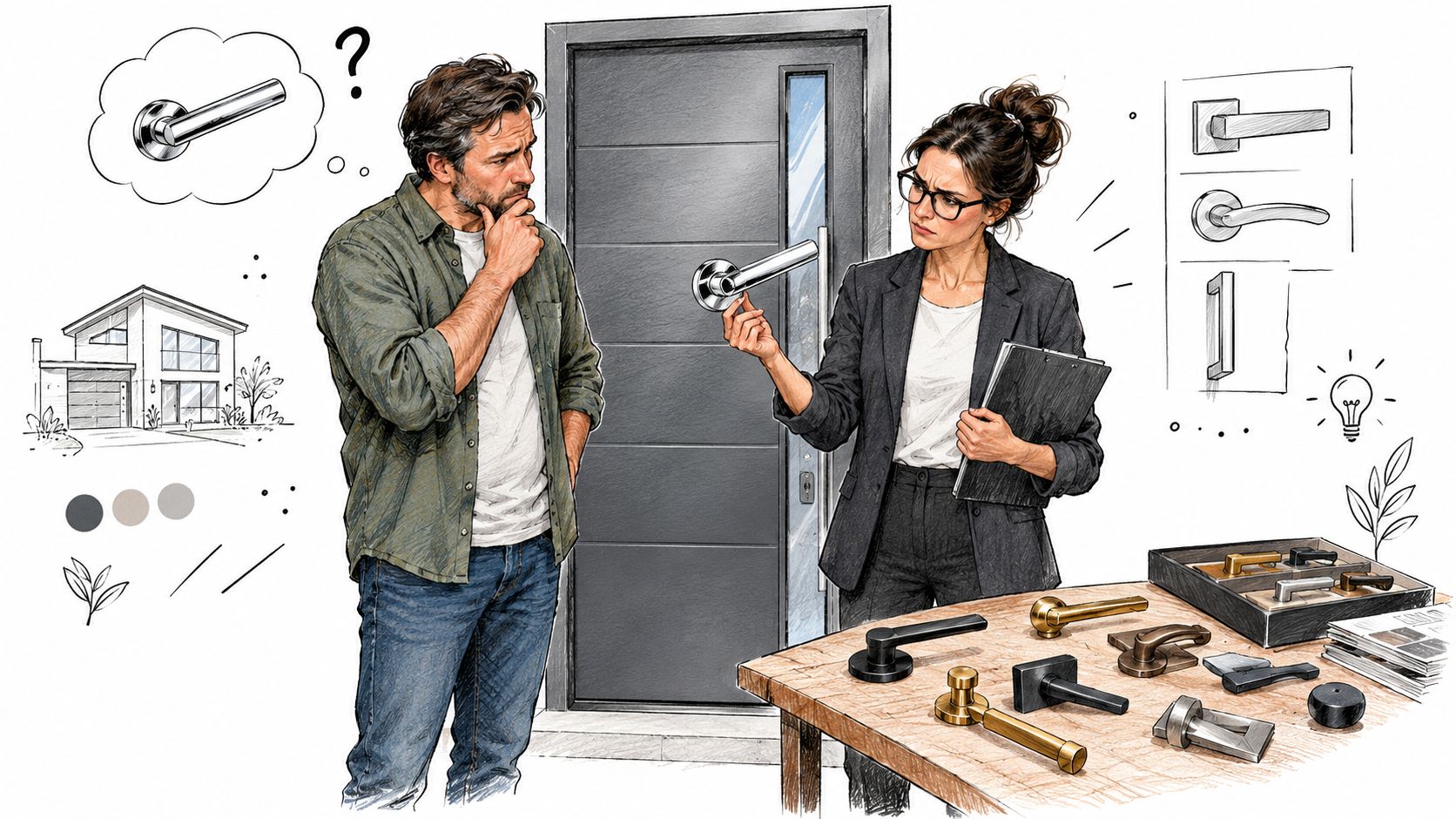 A professional interior designer assisting a customer in selecting black iron door handles for a home remodel.
