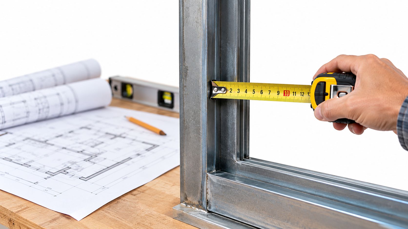 A hand measuring a steel window frame with a yellow tape measure on a wooden table.