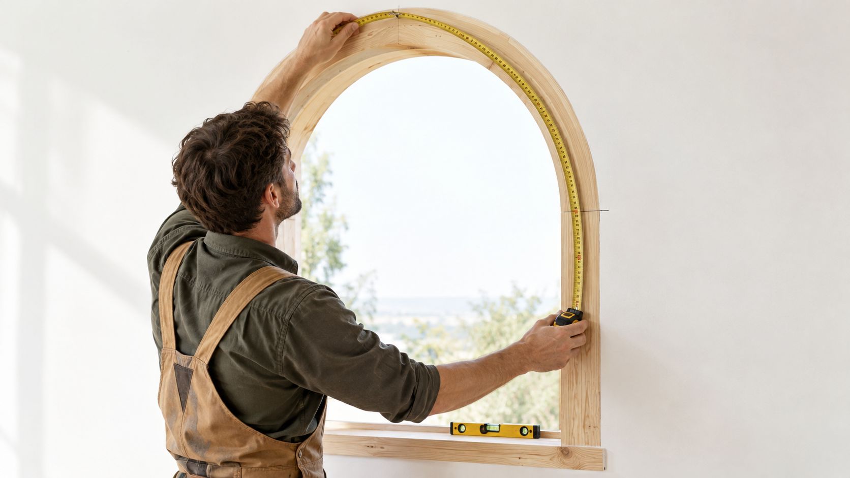 A craftsman in workwear measuring the arched window frame with a yellow tape measure indoors.