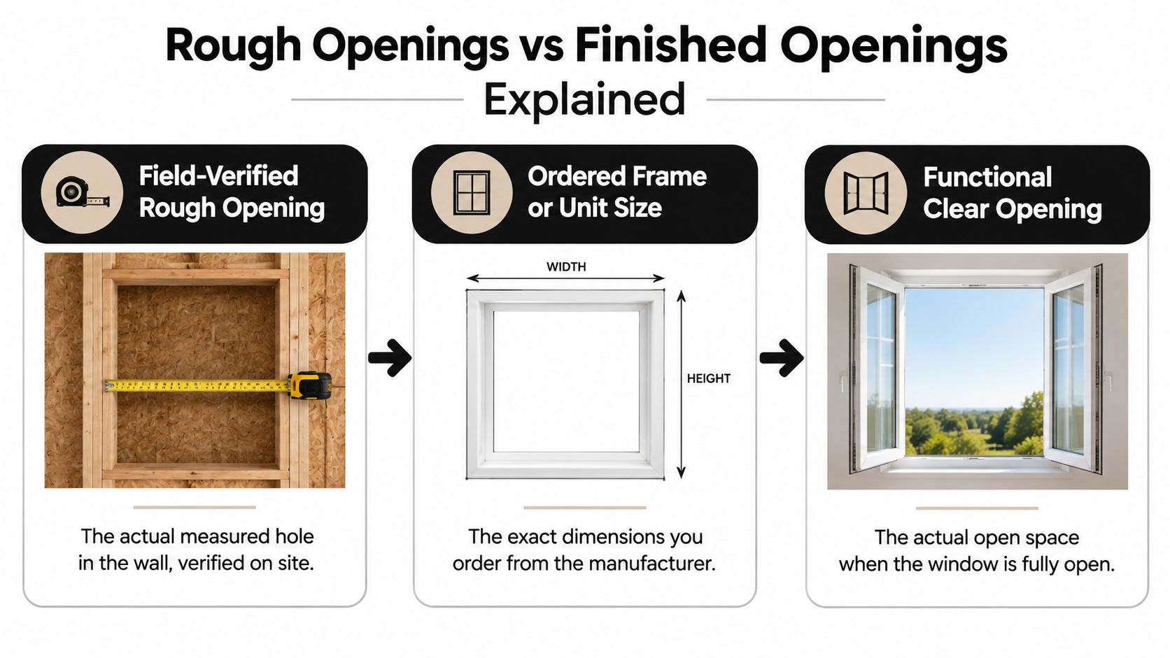 A diagram comparing field-verified rough opening, ordered unit size, and functional clear opening for window installations.