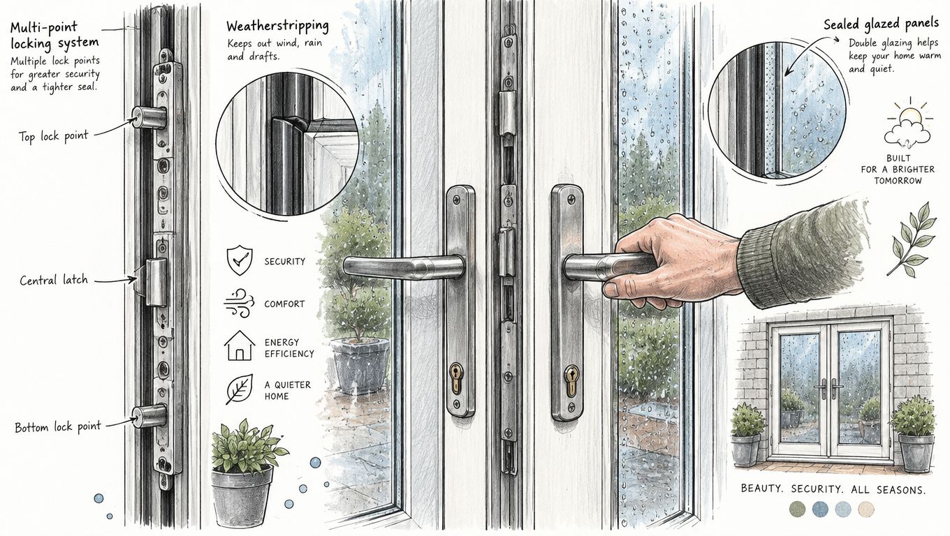 A detailed technical illustration showcasing the security and energy-efficient features of double French doors for homes.