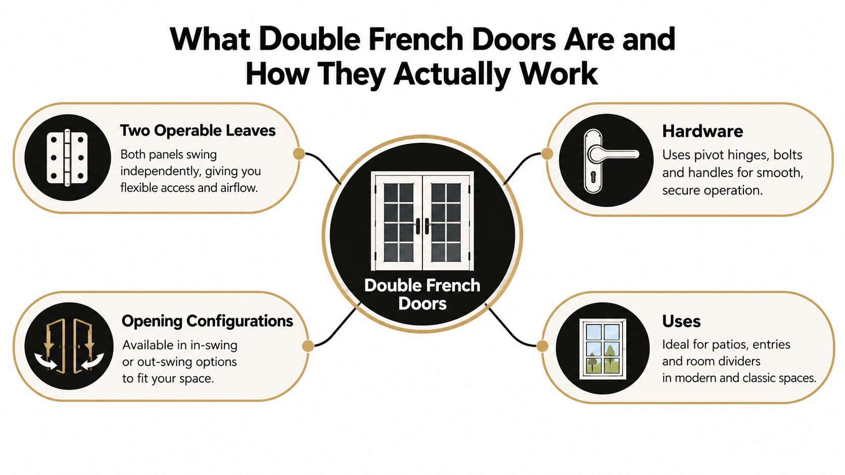 An infographic detailing the definition, hardware, configurations, and common uses of double French doors for homes.
