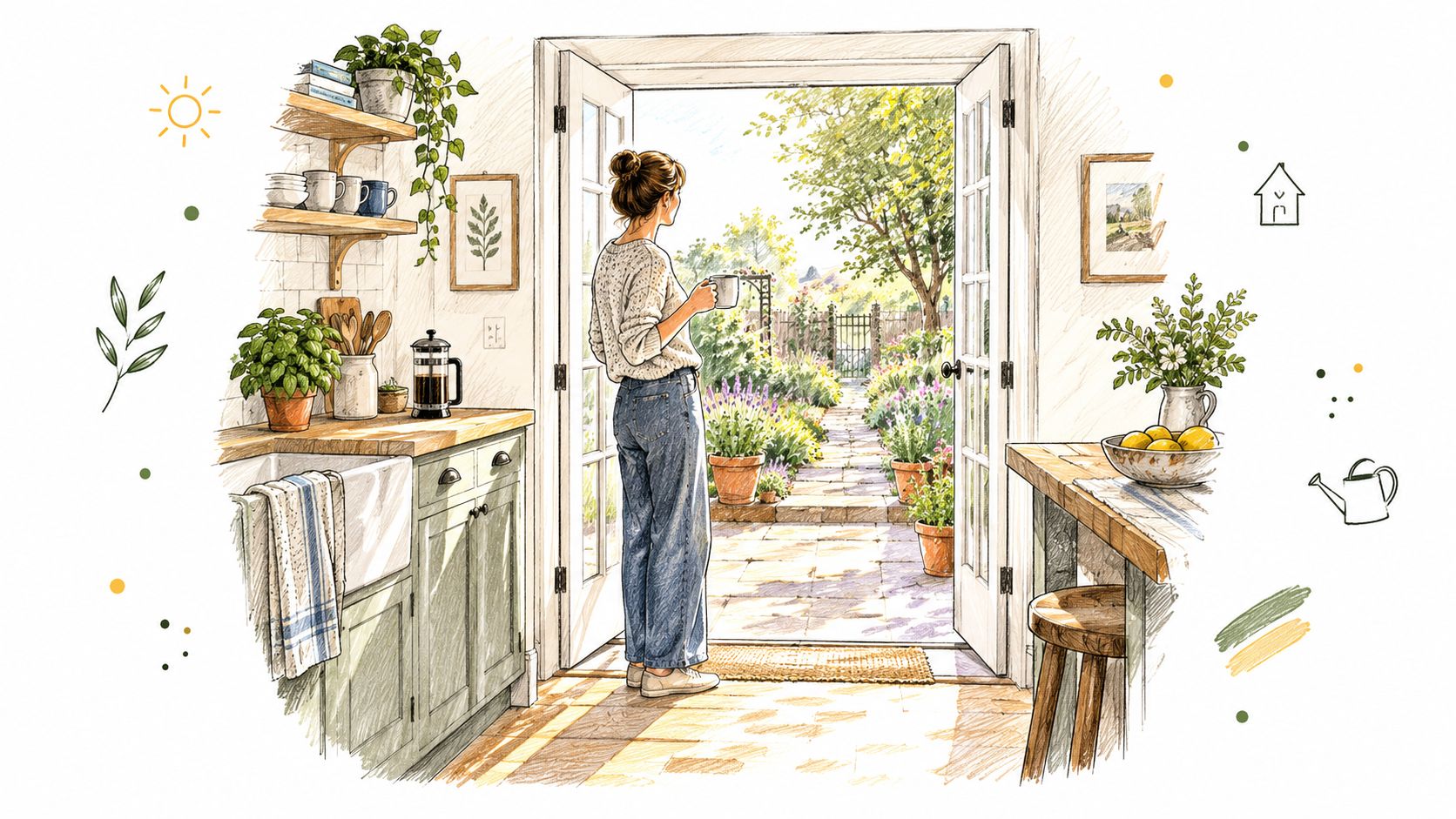 A woman stands in a bright kitchen looking out open double French doors into a sunny garden.