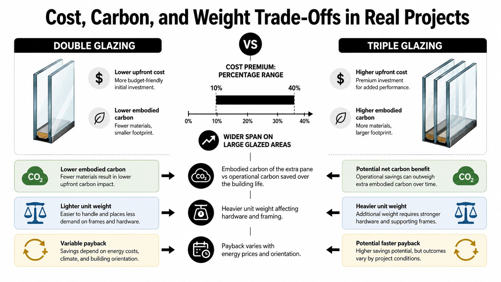 A comparison chart showing the trade-offs between double glazing and triple glazing for building projects.