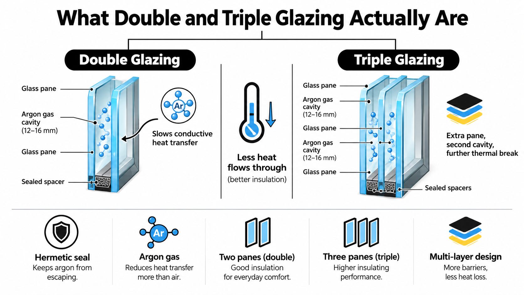 A diagram comparing double and triple glazing windows showing glass panes, argon gas cavities, and thermal performance.