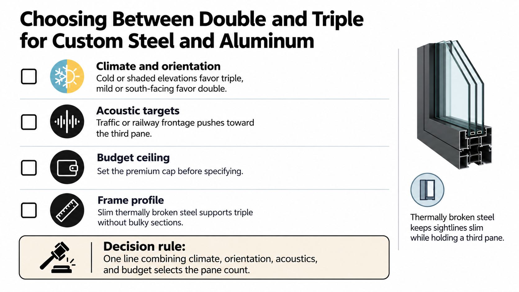 A guide comparing double and triple glazing for custom steel and aluminum windows, showing key selection factors.