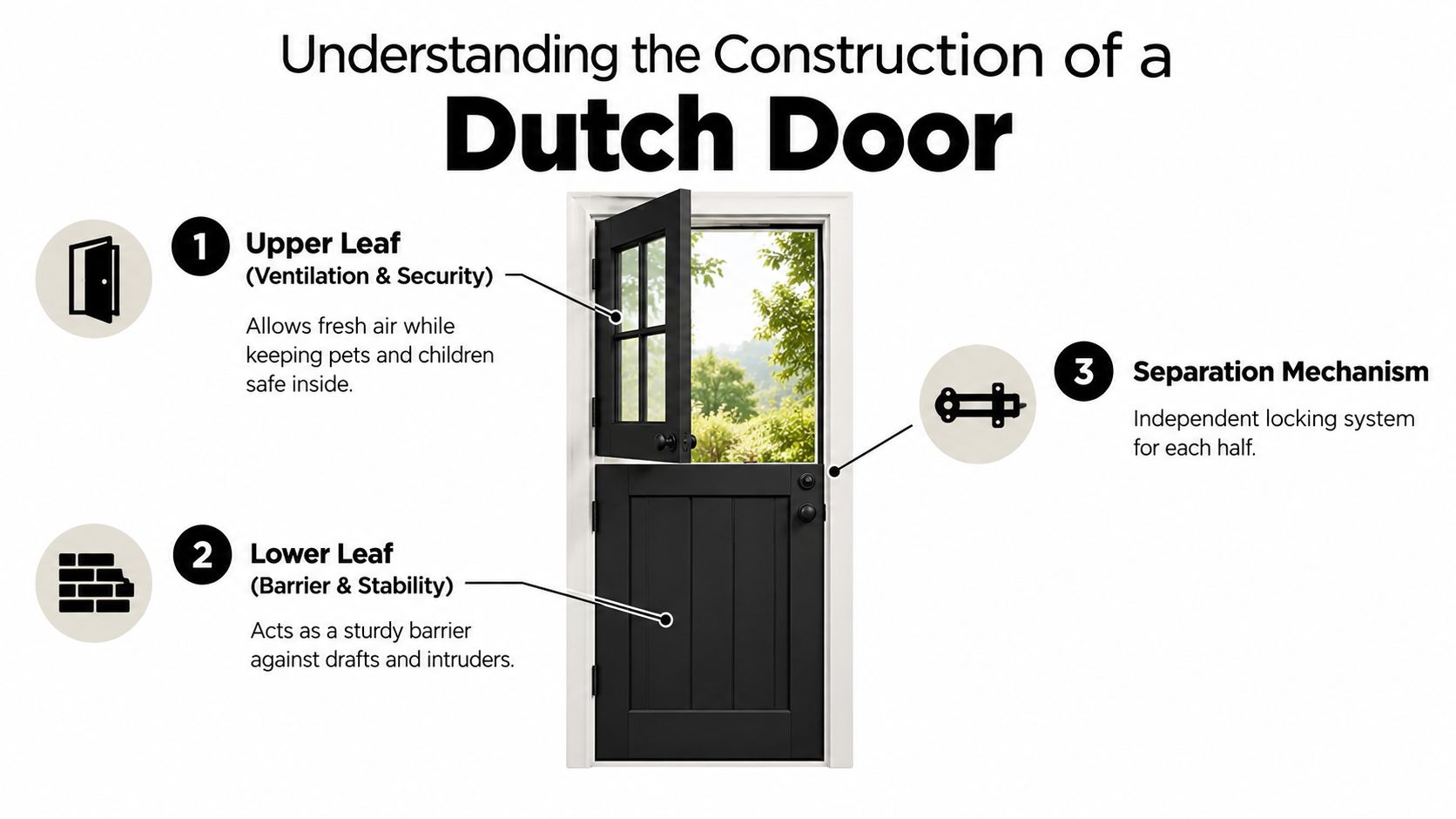 An educational infographic explaining the anatomy of a black Dutch door with labeled components for easy understanding.