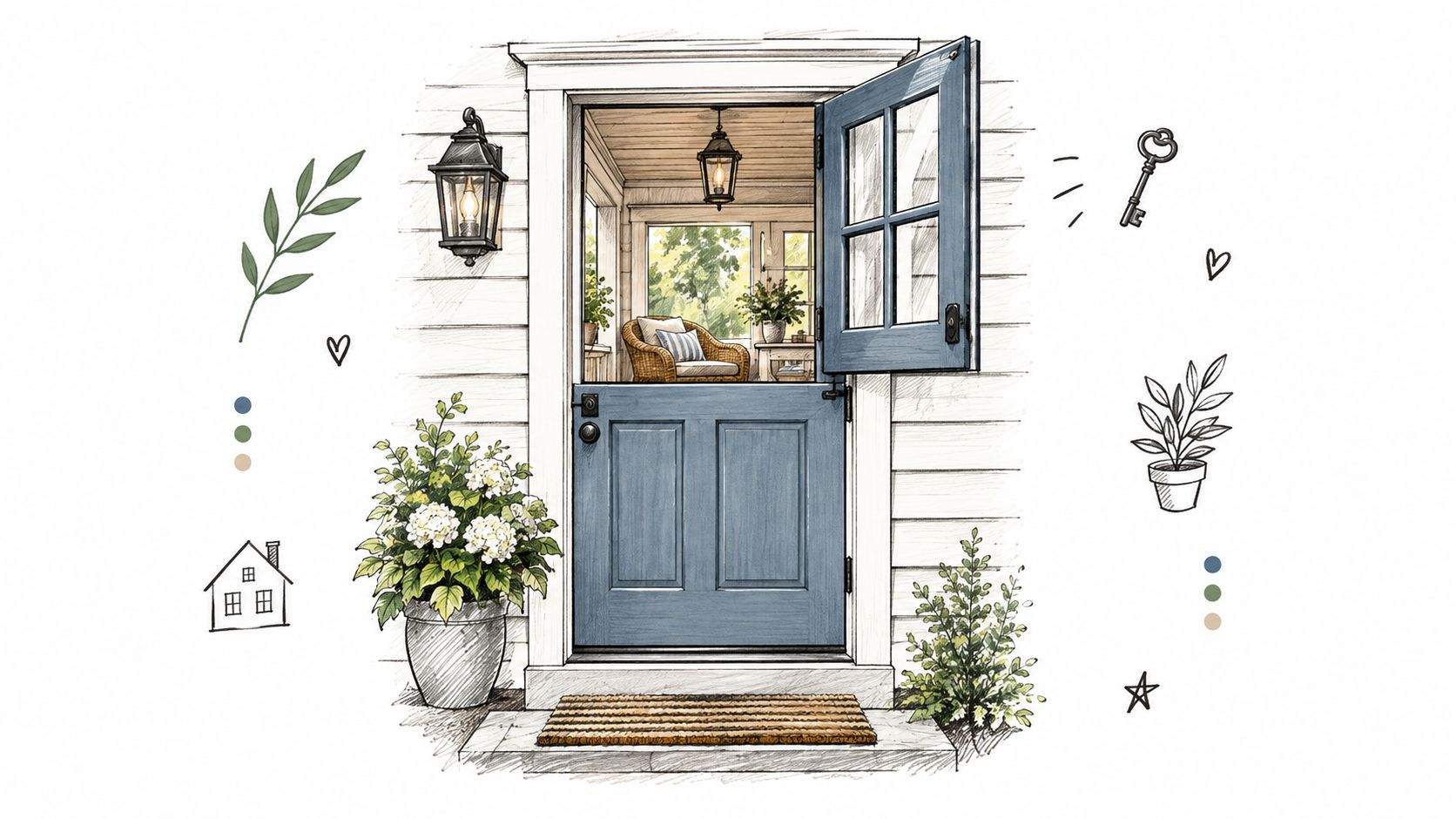 A charming blue Dutch door on a white house exterior with decorative plants and a key sketch.