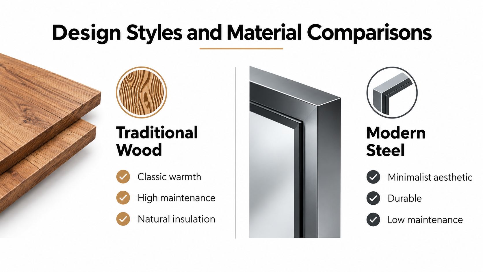 A comparison chart highlighting the pros and cons of using traditional wood versus modern steel for home design.