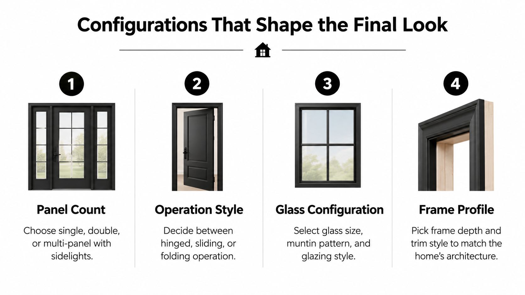 An infographic illustrating four key configurations for choosing custom exterior french steel doors for your home.