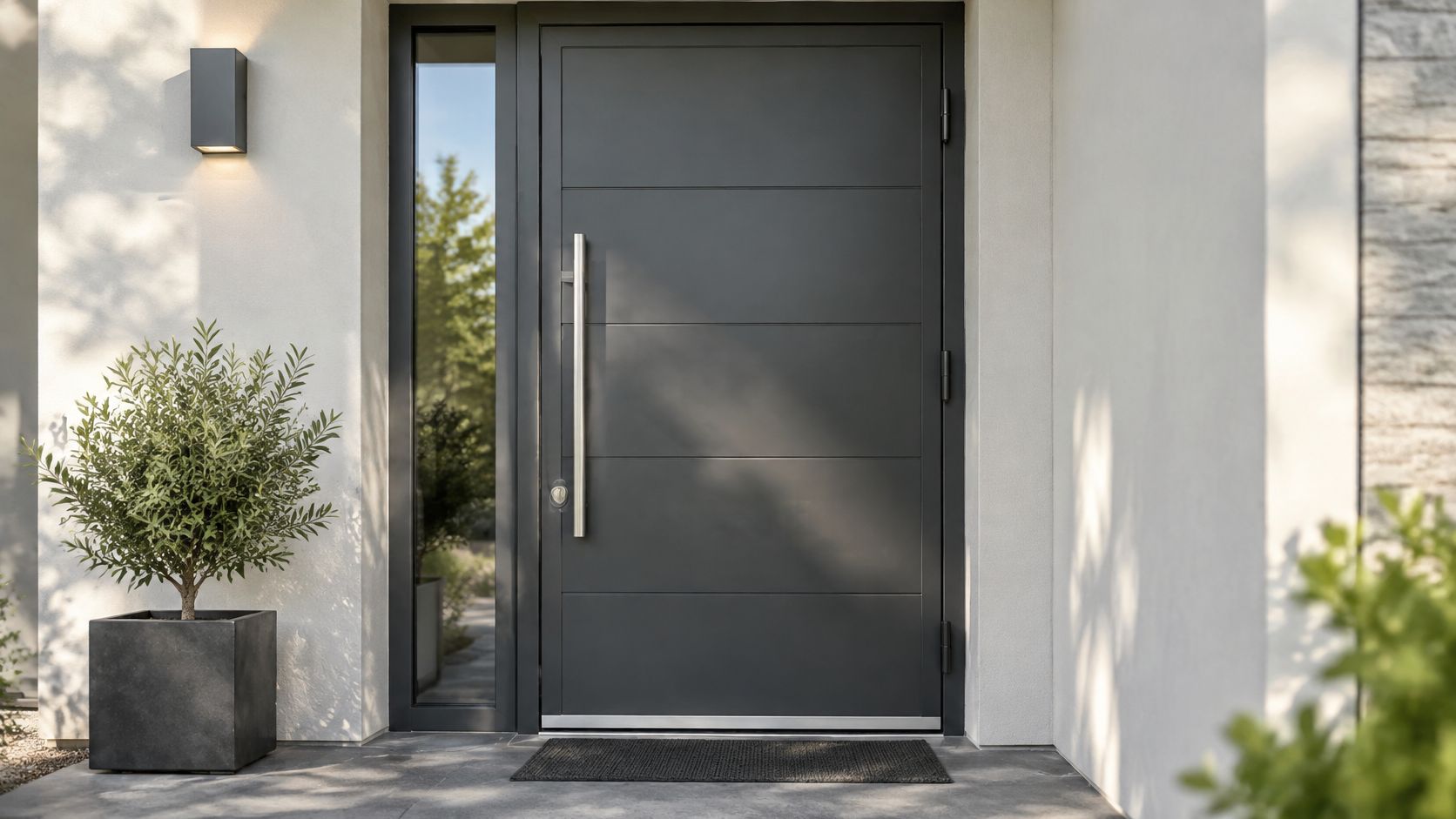 A sleek modern dark gray exterior door with a glass side panel and a metal handle.