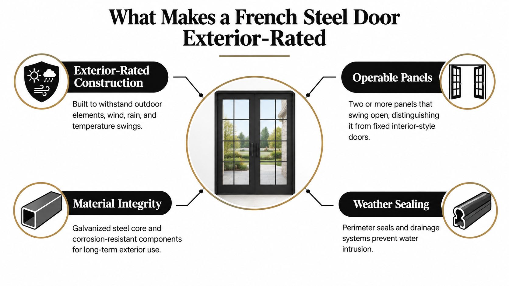 An infographic detailing the key features that make a French steel door suitable for exterior use.