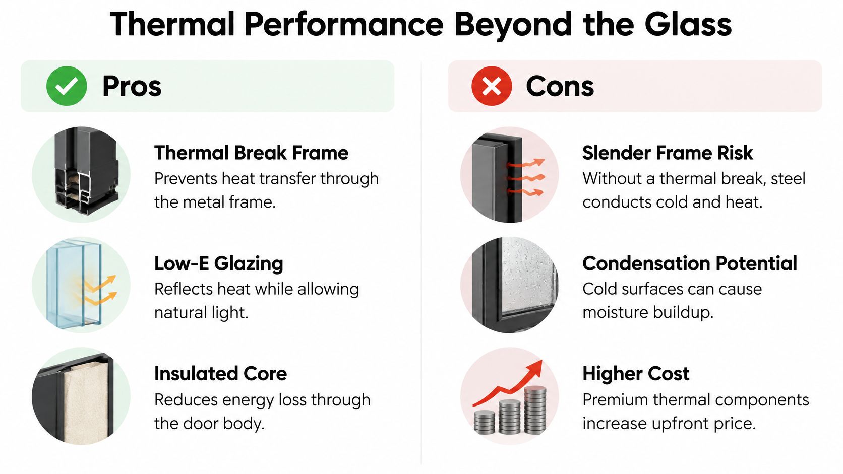 A comparison chart showing pros and cons of thermal performance features for french steel exterior doors.