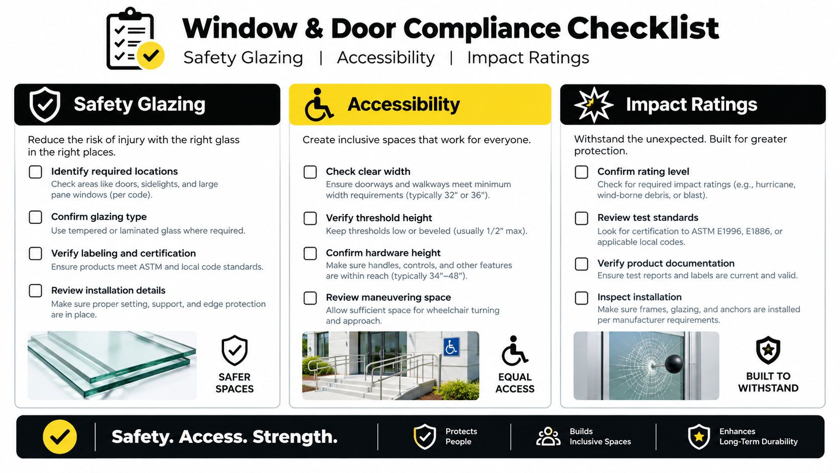 A compliance checklist infographic for window and door installations covering safety glazing, accessibility, and impact ratings.