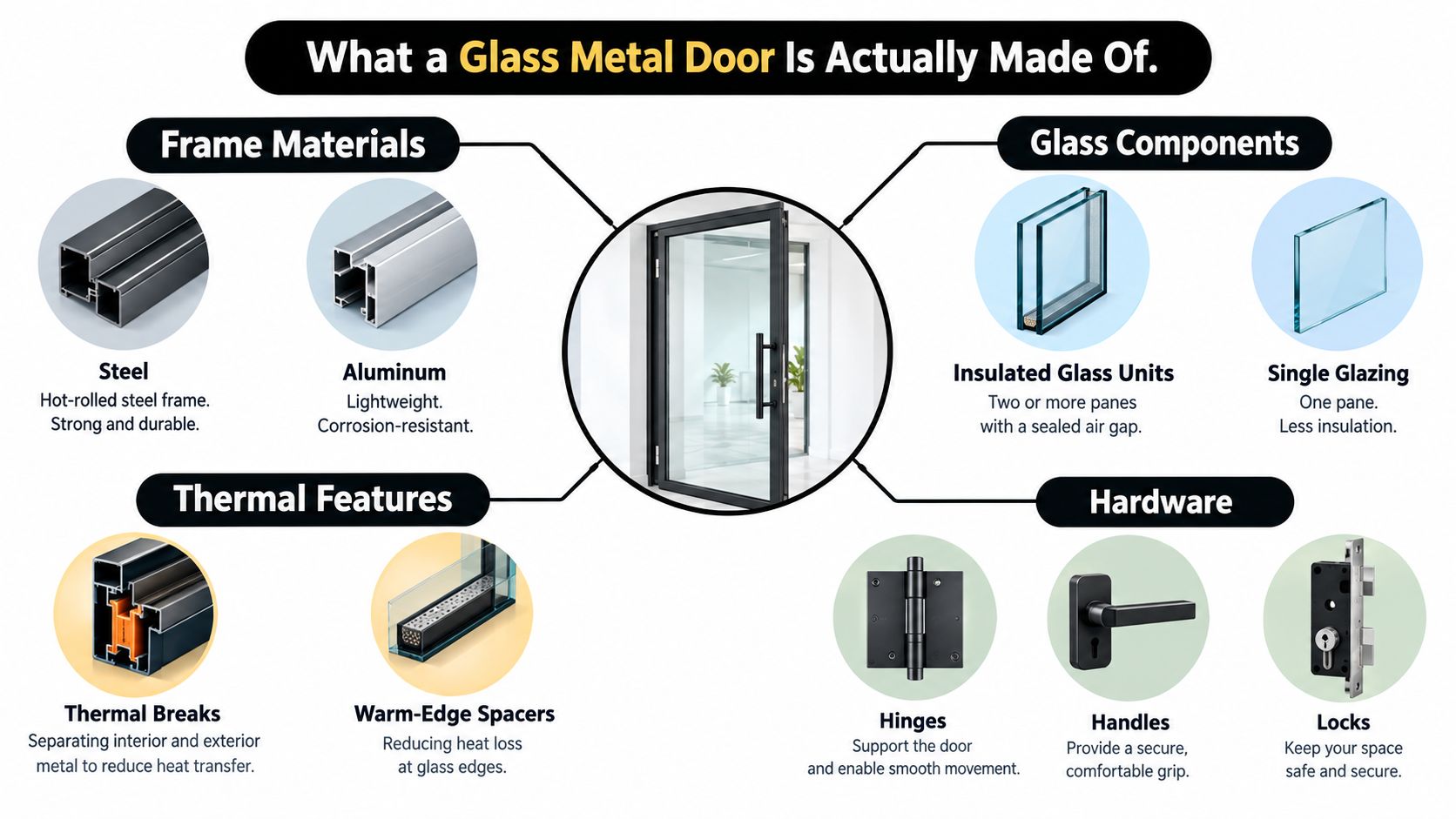 A detailed infographic illustrating the various components and features of a glass metal door construction.