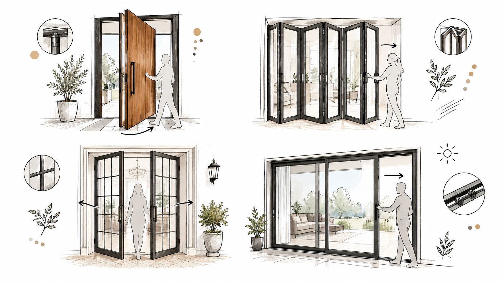 A four-part illustration showing different types of modern glass and metal door mechanisms in residential settings.
